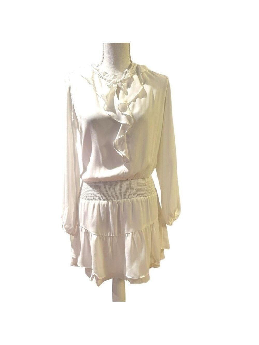 Krisa @ Revolve Ivory Ruffle Neck Surplice Layered Mini Dress New Size XS - Picture 4 of 9